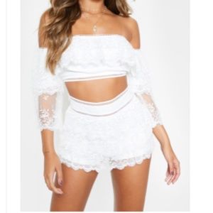 White Mesh Embroidered Bardot crop top shorts set